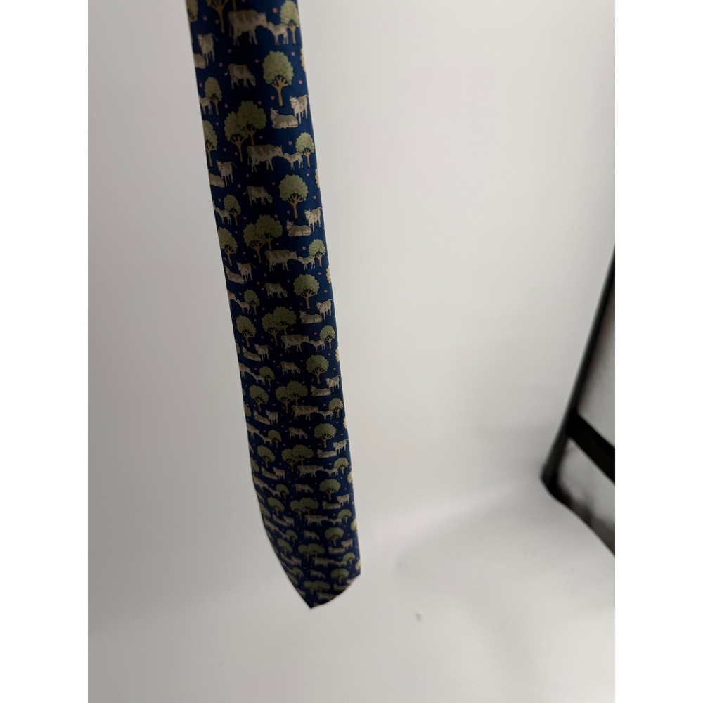 Hermes Paris Mens Silk Tie Navy Blue Cow Tree Pastoral Pattern 7527 IA France